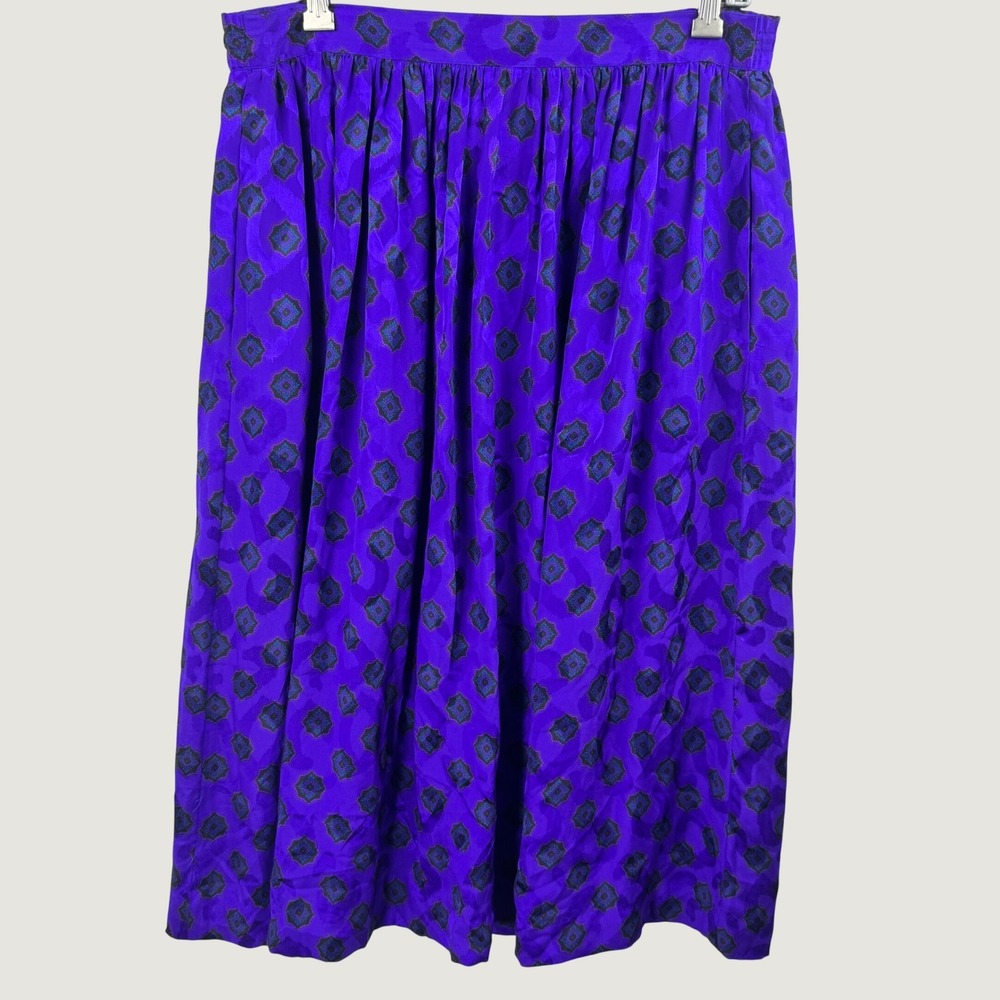 Doncaster Silk Midi Skirt Womens 14 Purple Geometric Pleated Pockets Vintage 90s